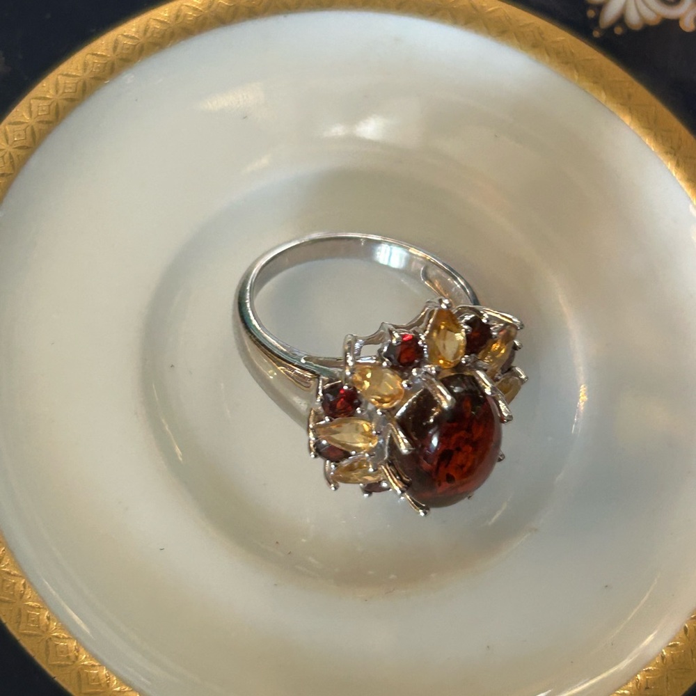 Vintage Baltic Amber Citrine & Garnet Sterling Silver Cocktail Ring - Picture 4 of 15